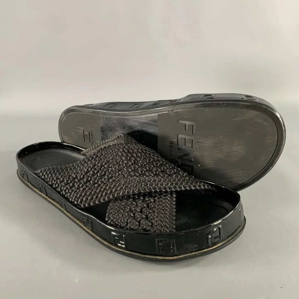 FENDI Size 8 Black Monogram Nylon Slide Sandals